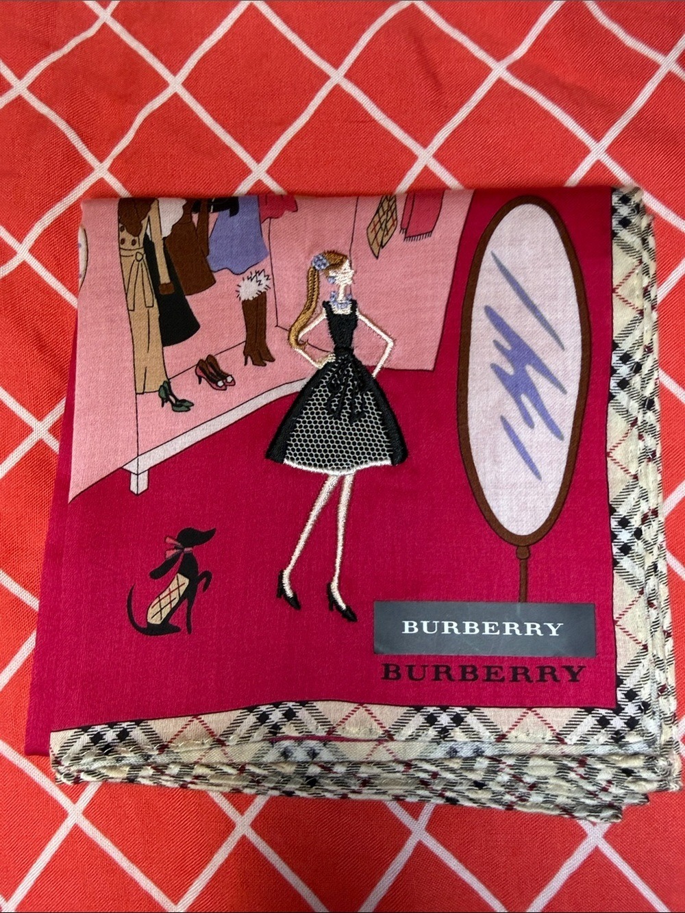 Burberry Pink & Magenta Illustrated Silk Scarf with Check Trim